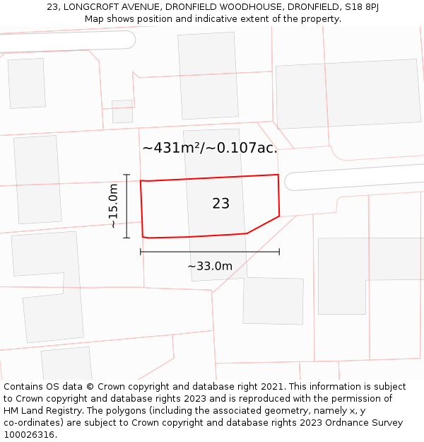 23, LONGCROFT AVENUE, DRONFIELD WOODHOUSE, DRONFIELD, S18 8PJ: Plot and title map