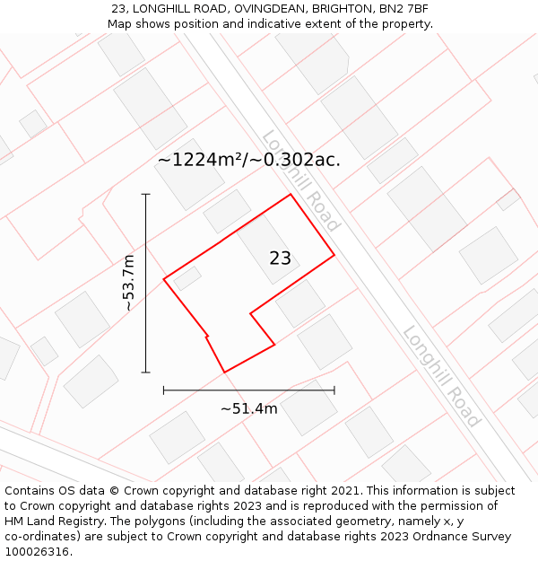 23, LONGHILL ROAD, OVINGDEAN, BRIGHTON, BN2 7BF: Plot and title map