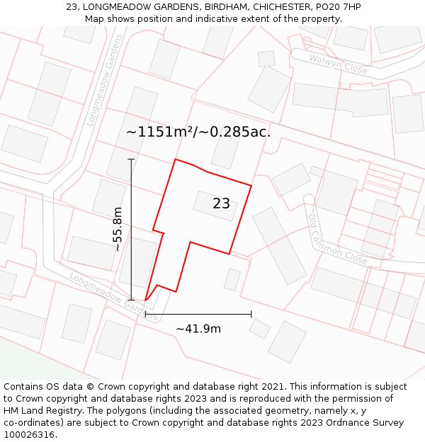 23, LONGMEADOW GARDENS, BIRDHAM, CHICHESTER, PO20 7HP: Plot and title map