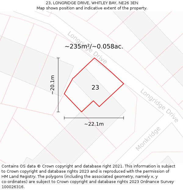 23, LONGRIDGE DRIVE, WHITLEY BAY, NE26 3EN: Plot and title map
