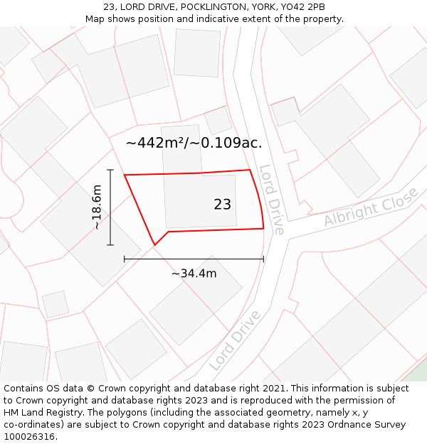 23, LORD DRIVE, POCKLINGTON, YORK, YO42 2PB: Plot and title map