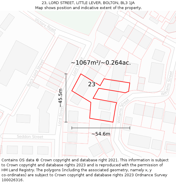 23, LORD STREET, LITTLE LEVER, BOLTON, BL3 1JA: Plot and title map