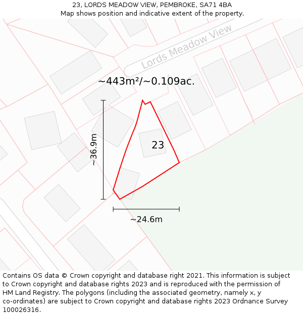 23, LORDS MEADOW VIEW, PEMBROKE, SA71 4BA: Plot and title map