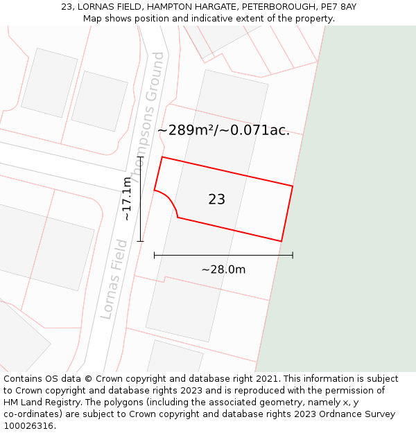 23, LORNAS FIELD, HAMPTON HARGATE, PETERBOROUGH, PE7 8AY: Plot and title map