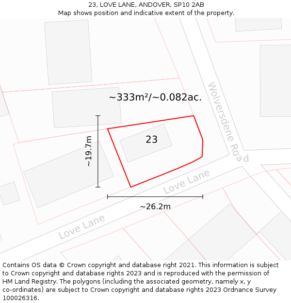 23, LOVE LANE, ANDOVER, SP10 2AB: Plot and title map