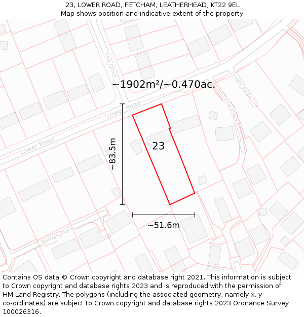 23, LOWER ROAD, FETCHAM, LEATHERHEAD, KT22 9EL: Plot and title map