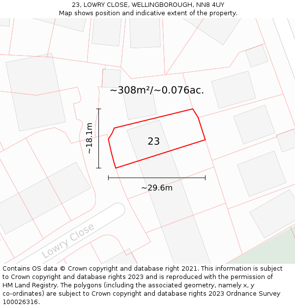 23, LOWRY CLOSE, WELLINGBOROUGH, NN8 4UY: Plot and title map