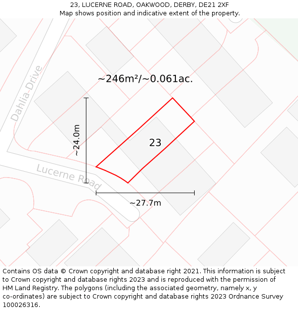 23, LUCERNE ROAD, OAKWOOD, DERBY, DE21 2XF: Plot and title map