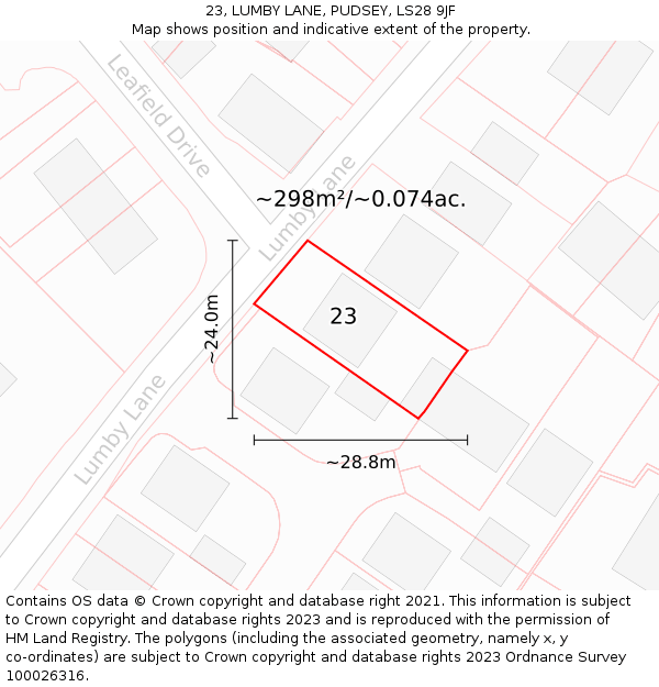23, LUMBY LANE, PUDSEY, LS28 9JF: Plot and title map