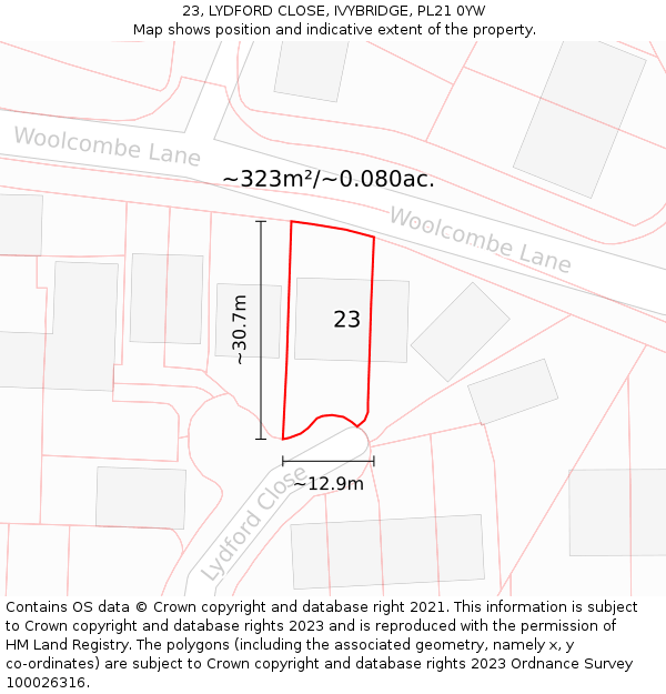 23, LYDFORD CLOSE, IVYBRIDGE, PL21 0YW: Plot and title map