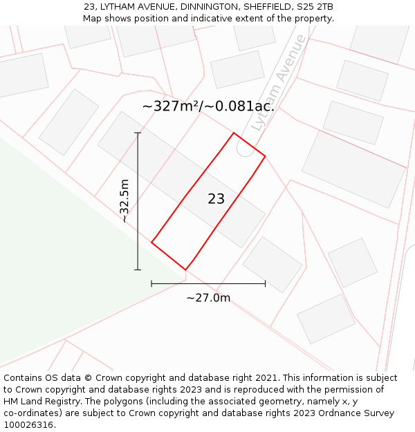 23, LYTHAM AVENUE, DINNINGTON, SHEFFIELD, S25 2TB: Plot and title map