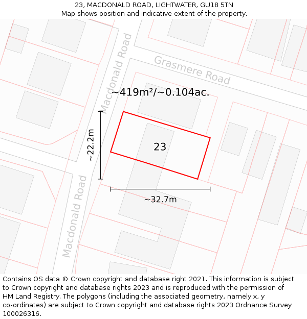 23, MACDONALD ROAD, LIGHTWATER, GU18 5TN: Plot and title map