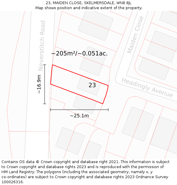 23, MAIDEN CLOSE, SKELMERSDALE, WN8 8JL: Plot and title map