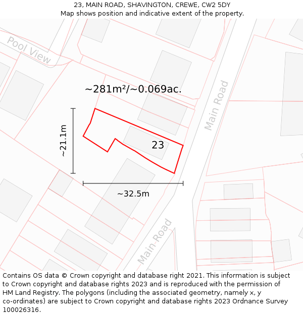 23, MAIN ROAD, SHAVINGTON, CREWE, CW2 5DY: Plot and title map