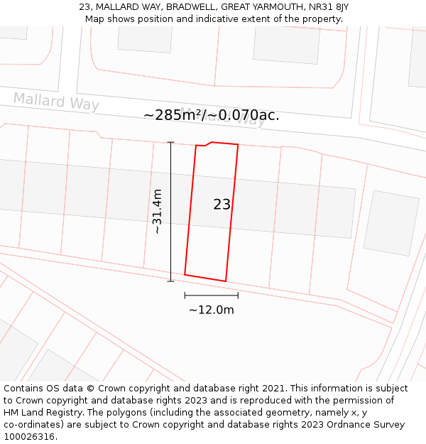 23, MALLARD WAY, BRADWELL, GREAT YARMOUTH, NR31 8JY: Plot and title map