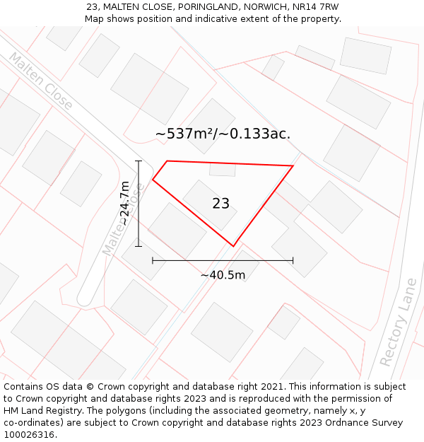 23, MALTEN CLOSE, PORINGLAND, NORWICH, NR14 7RW: Plot and title map