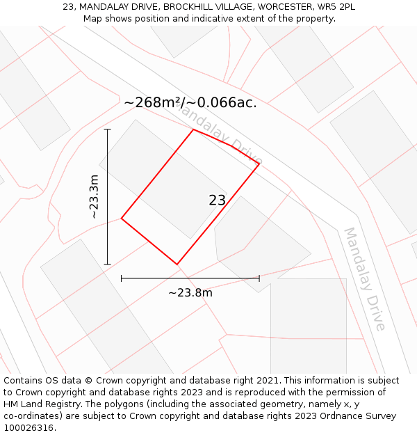 23, MANDALAY DRIVE, BROCKHILL VILLAGE, WORCESTER, WR5 2PL: Plot and title map