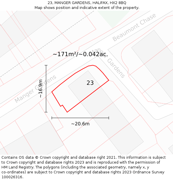 23, MANGER GARDENS, HALIFAX, HX2 8BQ: Plot and title map