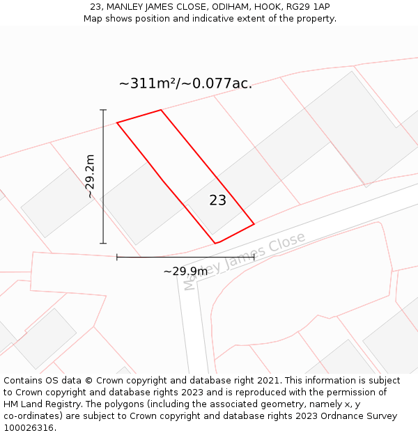 23, MANLEY JAMES CLOSE, ODIHAM, HOOK, RG29 1AP: Plot and title map