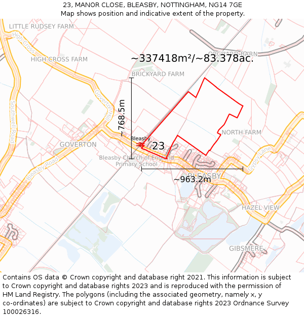 23, MANOR CLOSE, BLEASBY, NOTTINGHAM, NG14 7GE: Plot and title map