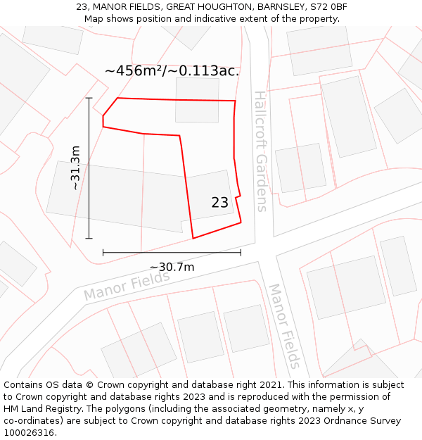 23, MANOR FIELDS, GREAT HOUGHTON, BARNSLEY, S72 0BF: Plot and title map