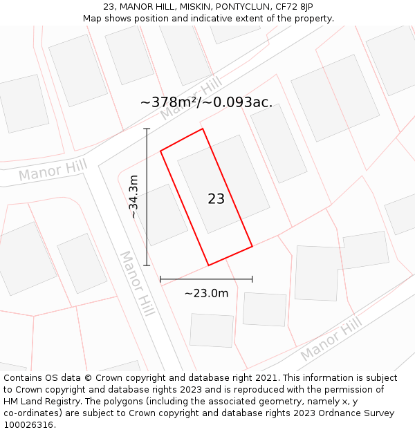 23, MANOR HILL, MISKIN, PONTYCLUN, CF72 8JP: Plot and title map