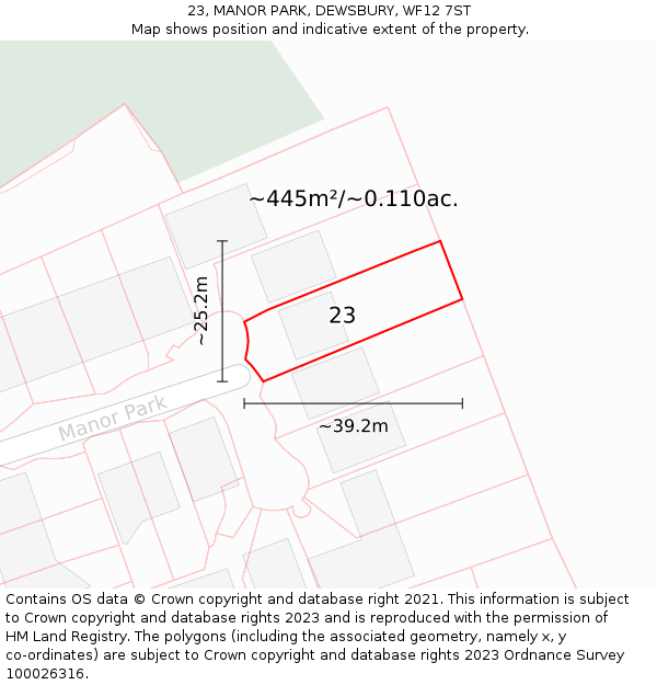 23, MANOR PARK, DEWSBURY, WF12 7ST: Plot and title map