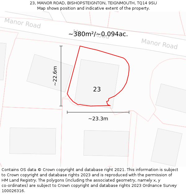 23, MANOR ROAD, BISHOPSTEIGNTON, TEIGNMOUTH, TQ14 9SU: Plot and title map