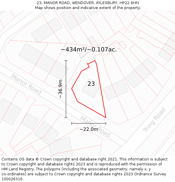 23, MANOR ROAD, WENDOVER, AYLESBURY, HP22 6HN: Plot and title map