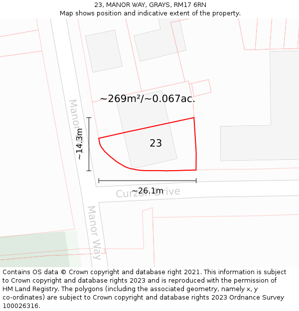 23, MANOR WAY, GRAYS, RM17 6RN: Plot and title map