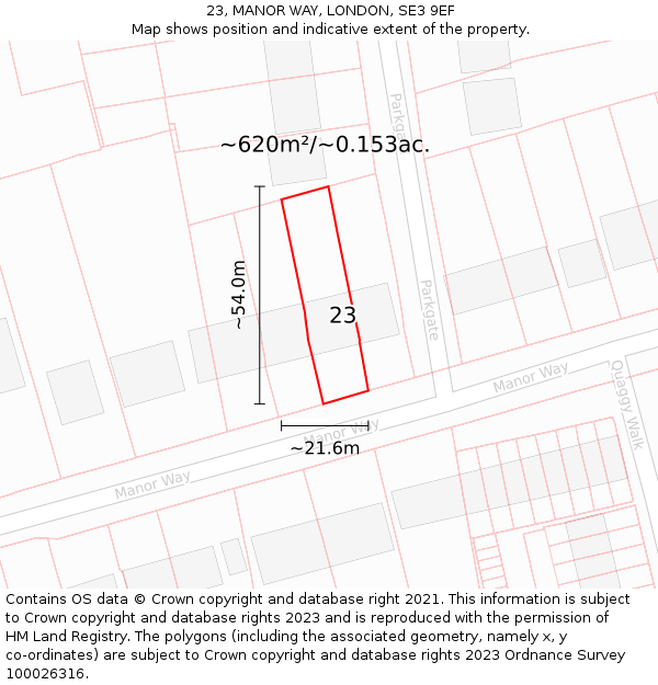 23, MANOR WAY, LONDON, SE3 9EF: Plot and title map