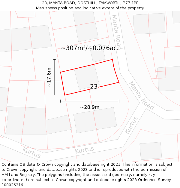 23, MANTA ROAD, DOSTHILL, TAMWORTH, B77 1PE: Plot and title map