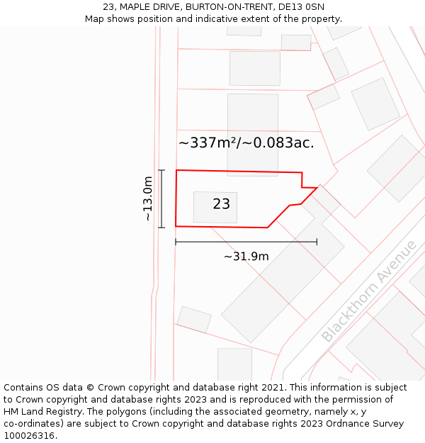 23, MAPLE DRIVE, BURTON-ON-TRENT, DE13 0SN: Plot and title map