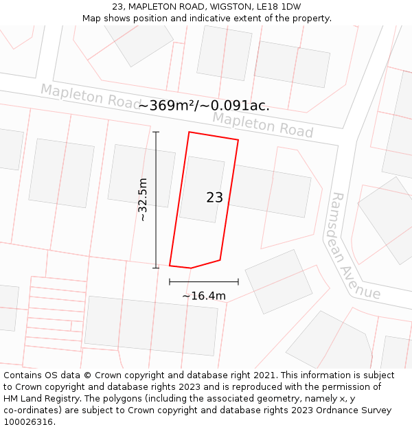 23, MAPLETON ROAD, WIGSTON, LE18 1DW: Plot and title map