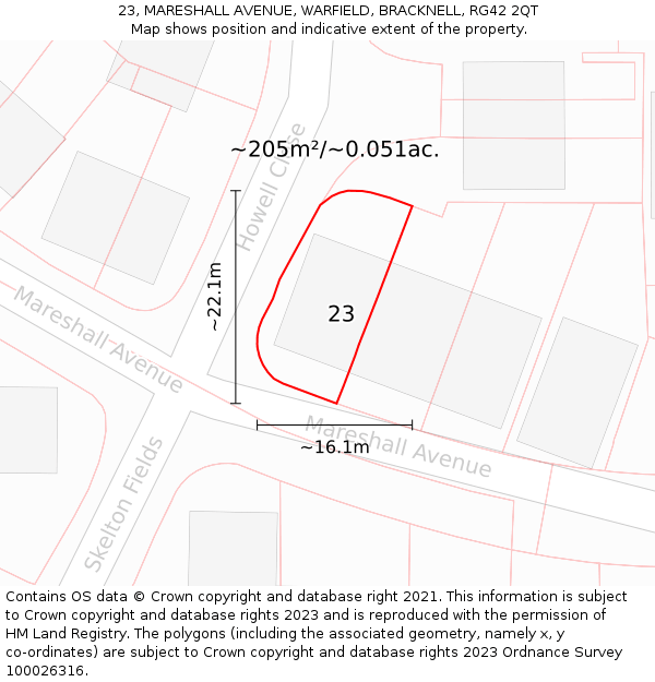 23, MARESHALL AVENUE, WARFIELD, BRACKNELL, RG42 2QT: Plot and title map