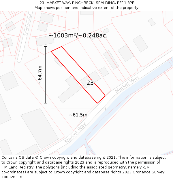 23, MARKET WAY, PINCHBECK, SPALDING, PE11 3PE: Plot and title map