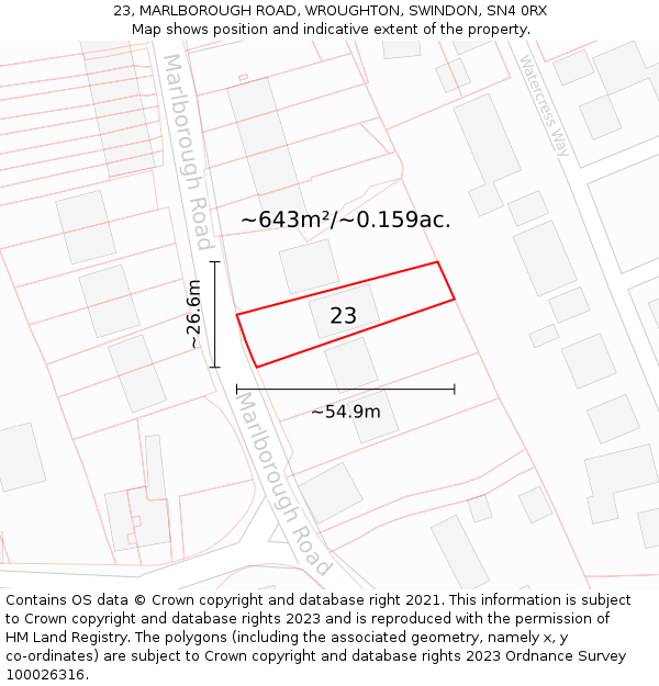 23, MARLBOROUGH ROAD, WROUGHTON, SWINDON, SN4 0RX: Plot and title map