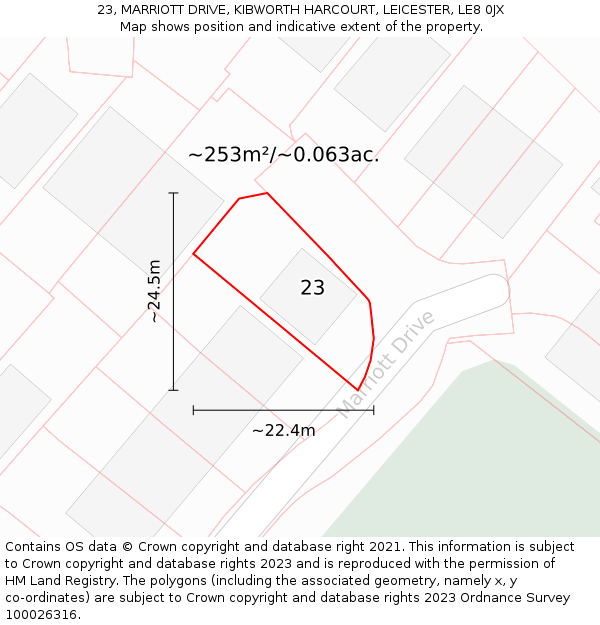 23, MARRIOTT DRIVE, KIBWORTH HARCOURT, LEICESTER, LE8 0JX: Plot and title map