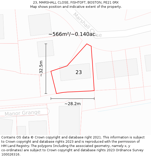 23, MARSHALL CLOSE, FISHTOFT, BOSTON, PE21 0RX: Plot and title map