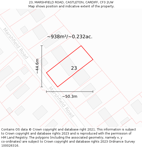 23, MARSHFIELD ROAD, CASTLETON, CARDIFF, CF3 2UW: Plot and title map