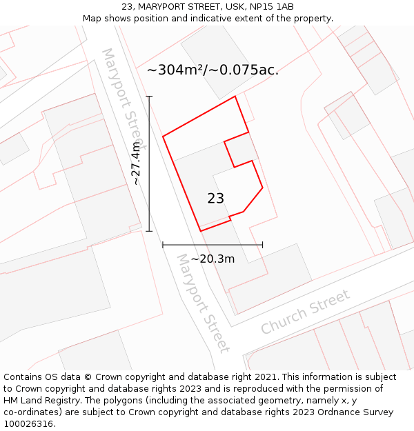 23, MARYPORT STREET, USK, NP15 1AB: Plot and title map