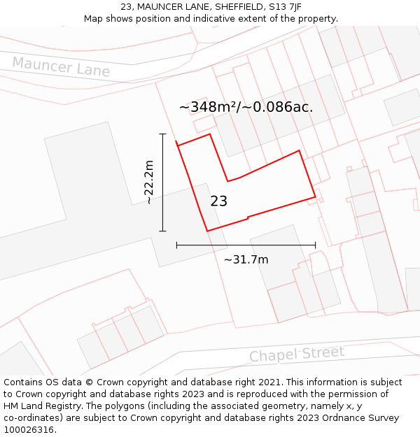 23, MAUNCER LANE, SHEFFIELD, S13 7JF: Plot and title map