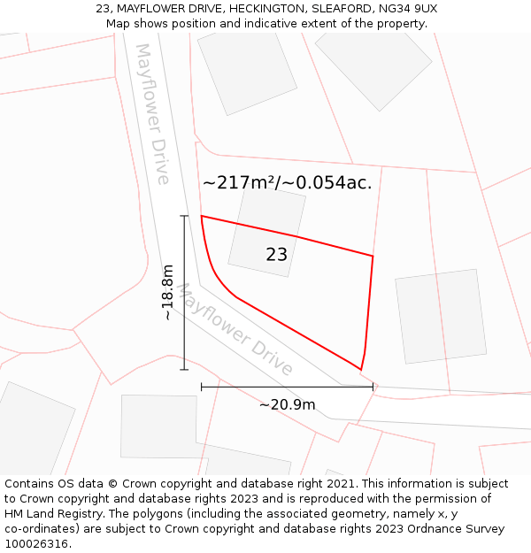 23, MAYFLOWER DRIVE, HECKINGTON, SLEAFORD, NG34 9UX: Plot and title map