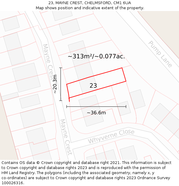 23, MAYNE CREST, CHELMSFORD, CM1 6UA: Plot and title map