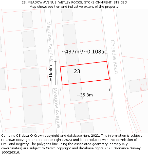 23, MEADOW AVENUE, WETLEY ROCKS, STOKE-ON-TRENT, ST9 0BD: Plot and title map