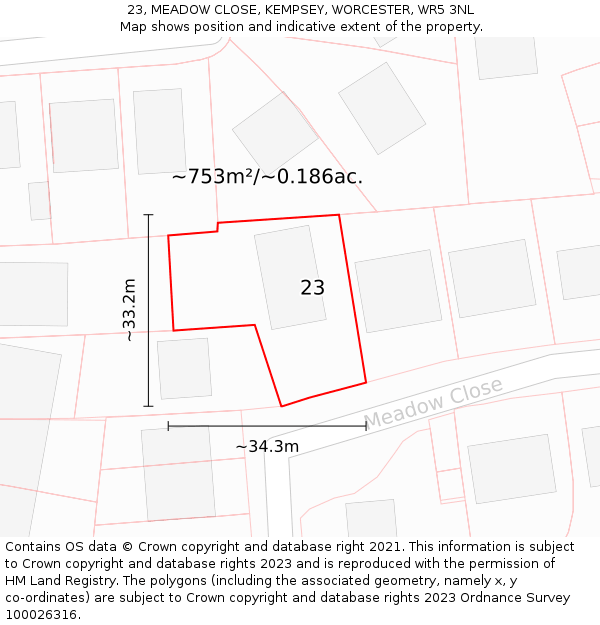 23, MEADOW CLOSE, KEMPSEY, WORCESTER, WR5 3NL: Plot and title map