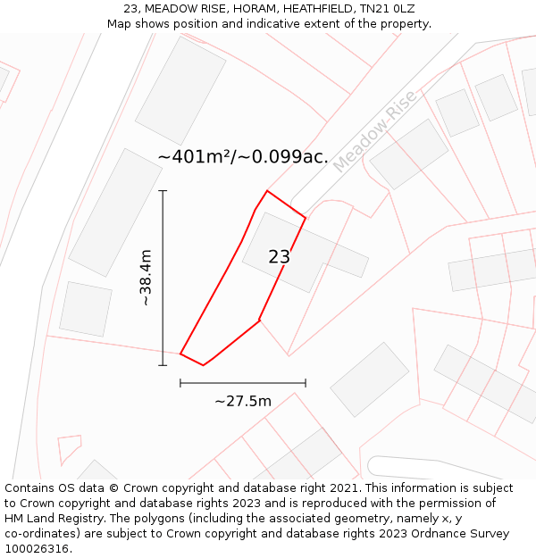 23, MEADOW RISE, HORAM, HEATHFIELD, TN21 0LZ: Plot and title map