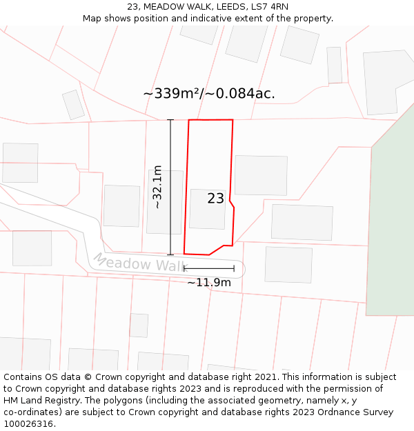 23, MEADOW WALK, LEEDS, LS7 4RN: Plot and title map