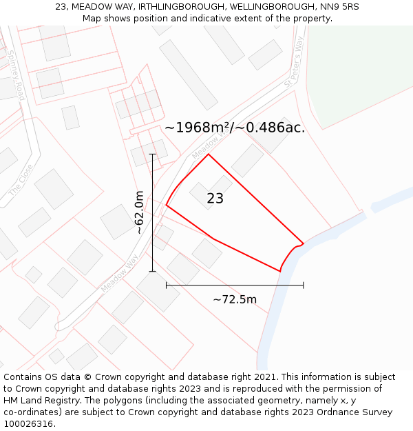 23, MEADOW WAY, IRTHLINGBOROUGH, WELLINGBOROUGH, NN9 5RS: Plot and title map