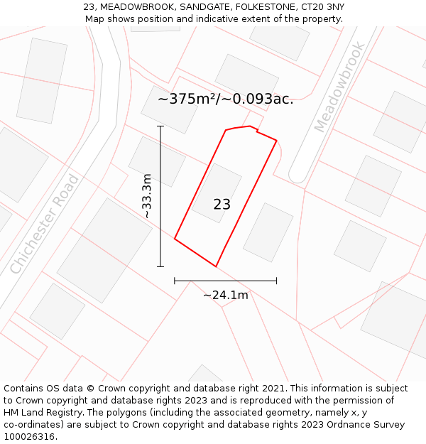 23, MEADOWBROOK, SANDGATE, FOLKESTONE, CT20 3NY: Plot and title map